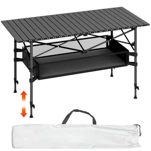 HZE Campingtisch klappbar, 120X55X53 cm Campingtisch faltbar, Höhenverstellbar Kohlenstoffstahl Campingtisch Höhenverstellbar